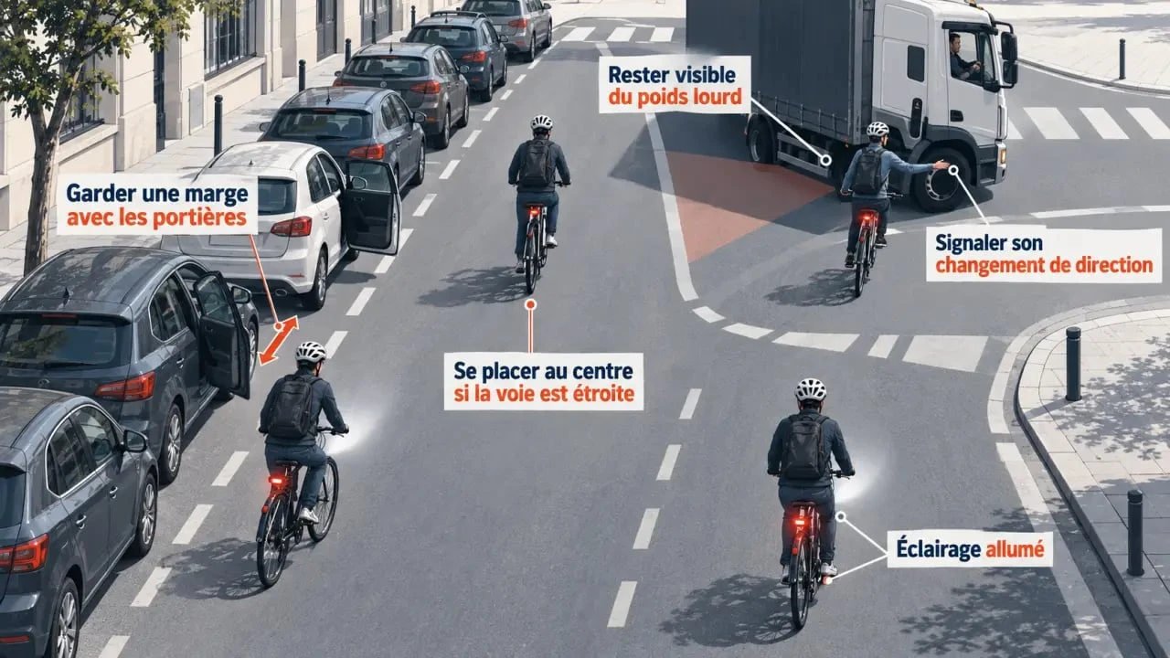 Positionnement du cycliste près des voitures stationnées et des angles morts pour la sécurité en vélo