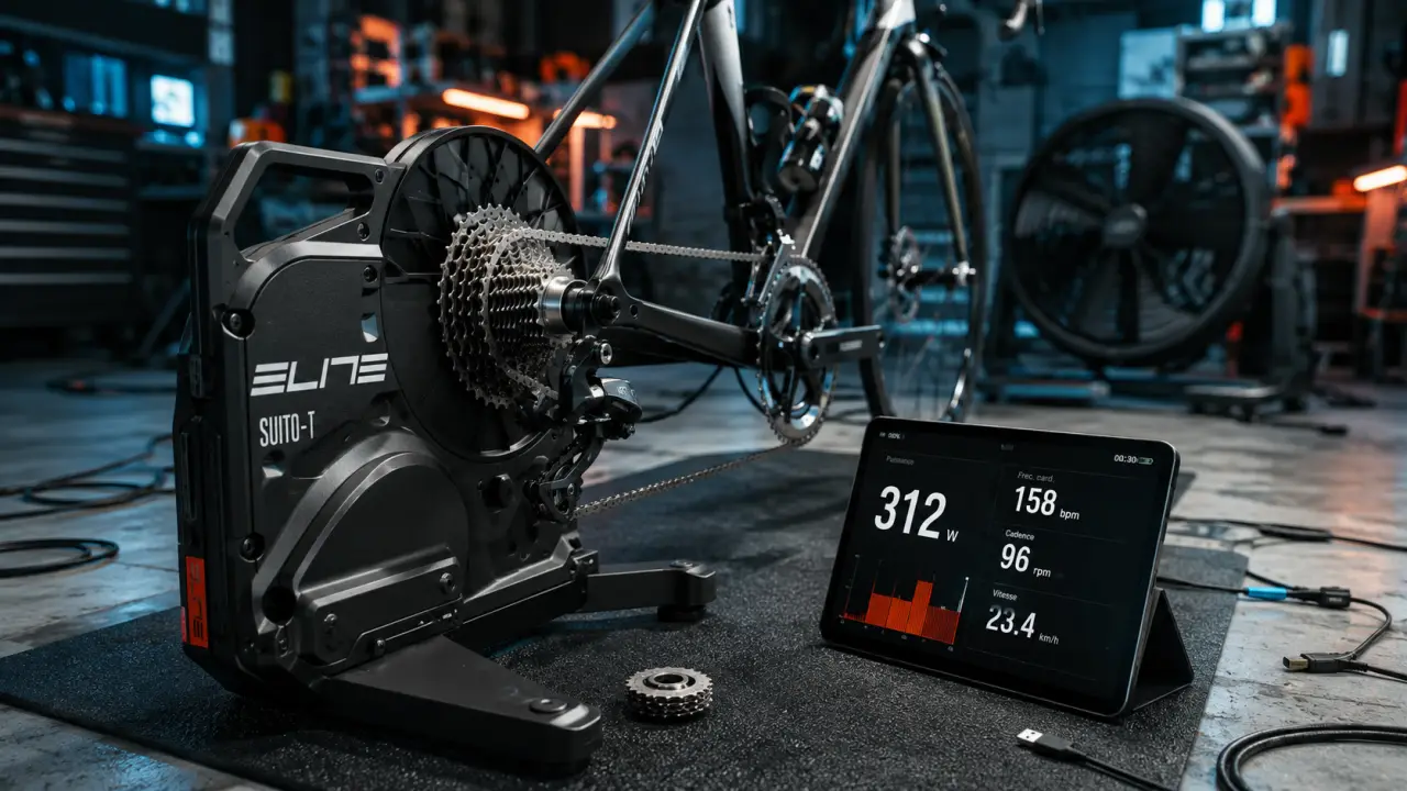 Home trainer connecté Elite avec cassette et wattmètre, entraînement en home trainer connecté Elite