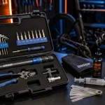Kit outillage vélo professionnel sur établi : clé dynamométrique et outils de montage vélo