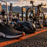 Triathlon epreuve : vélo et chaussures en transition T1/T2
