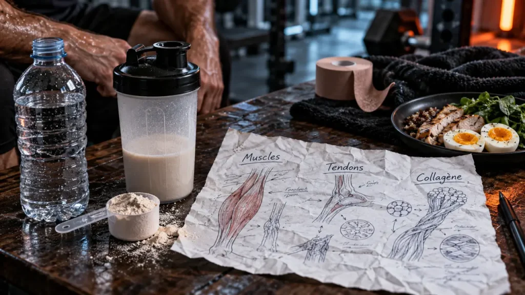 Collagene recuperation musculaire : soutien des tendons avec shaker et schéma