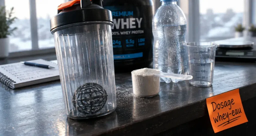 Dosage whey eau : 30 g dans 200 ml pour un shaker équilibré