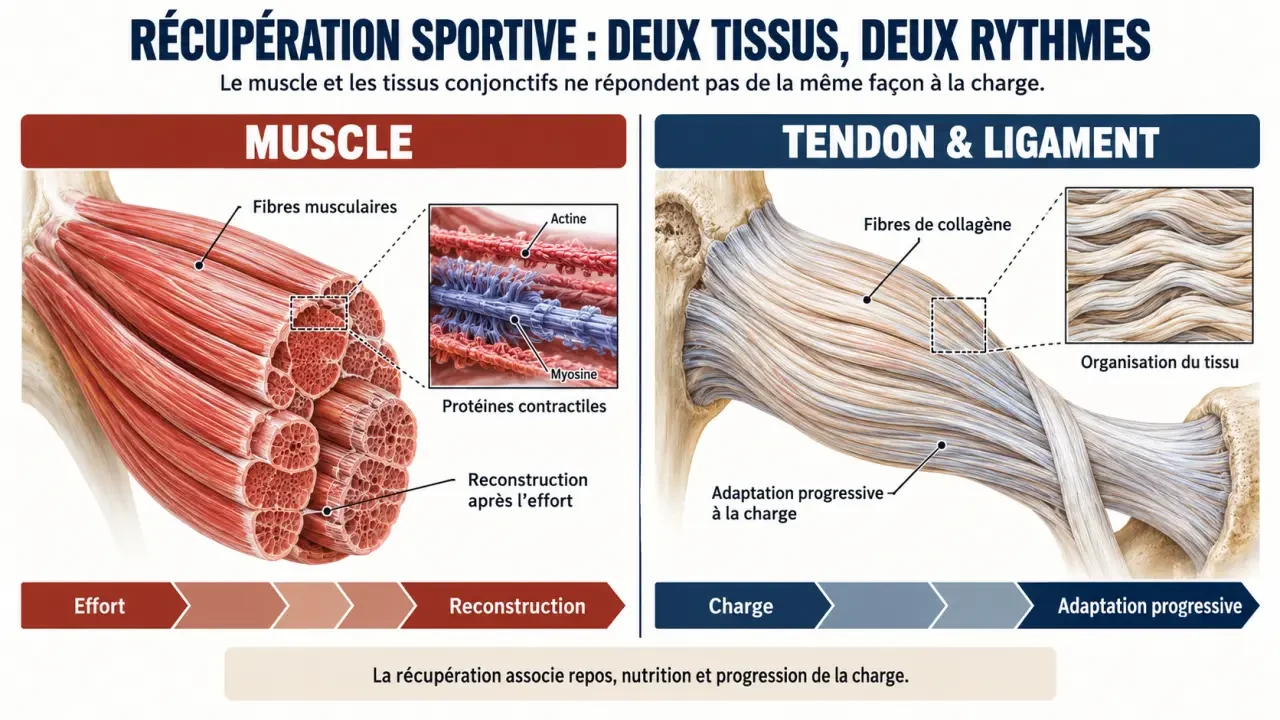 Collagène récupération musculaire : schéma distinguant les muscles, les tendons et les tissus conjonctifs