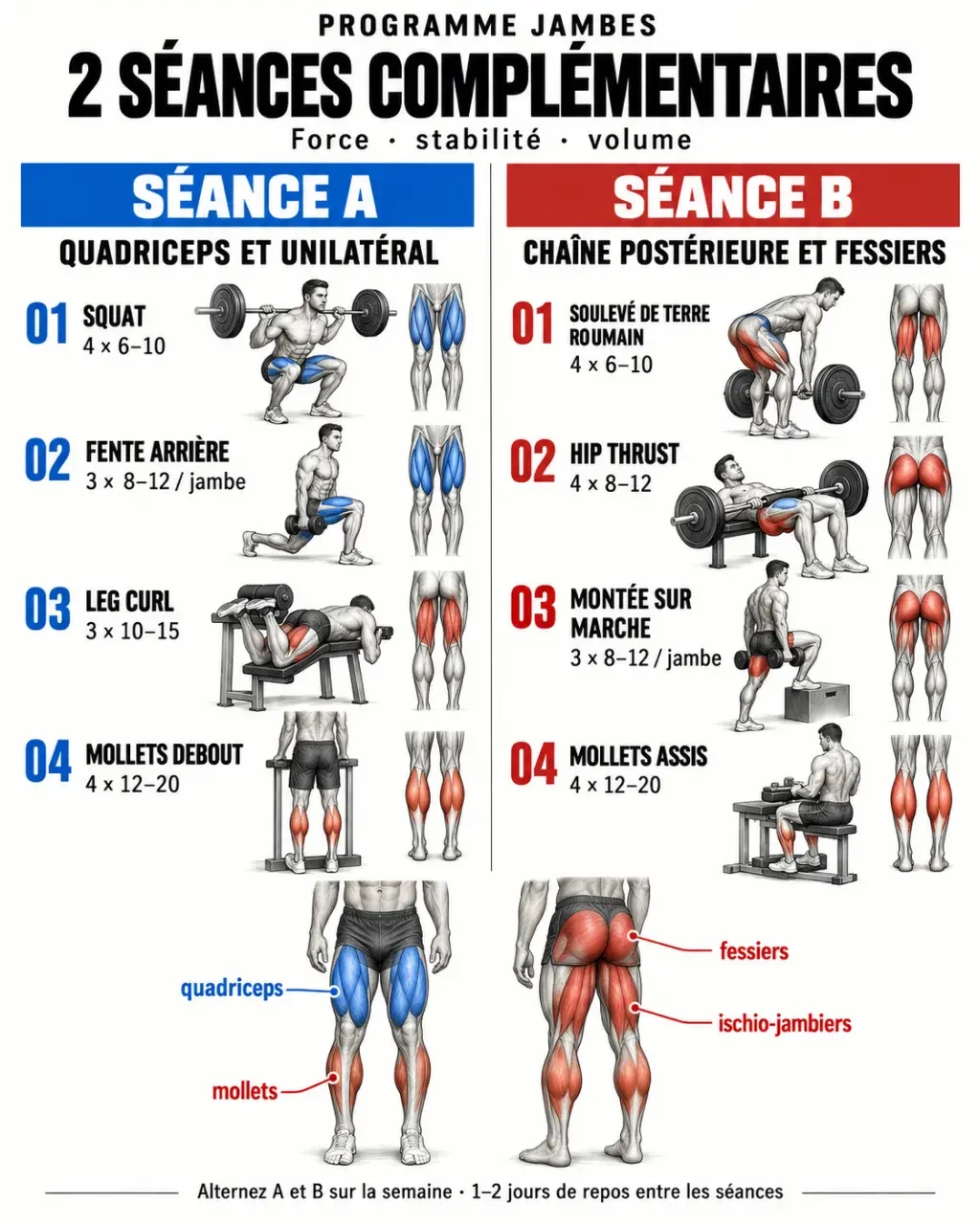Infographie d’un programme de musculation des jambes en deux séances complémentaires