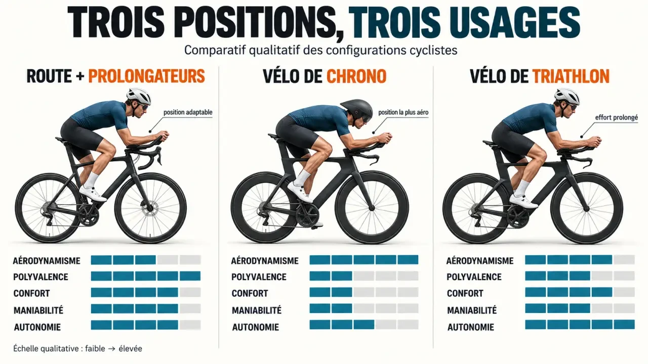 Infographie comparative d'un vélo de chrono, d'un vélo de route avec prolongateurs et d'un vélo de triathlon