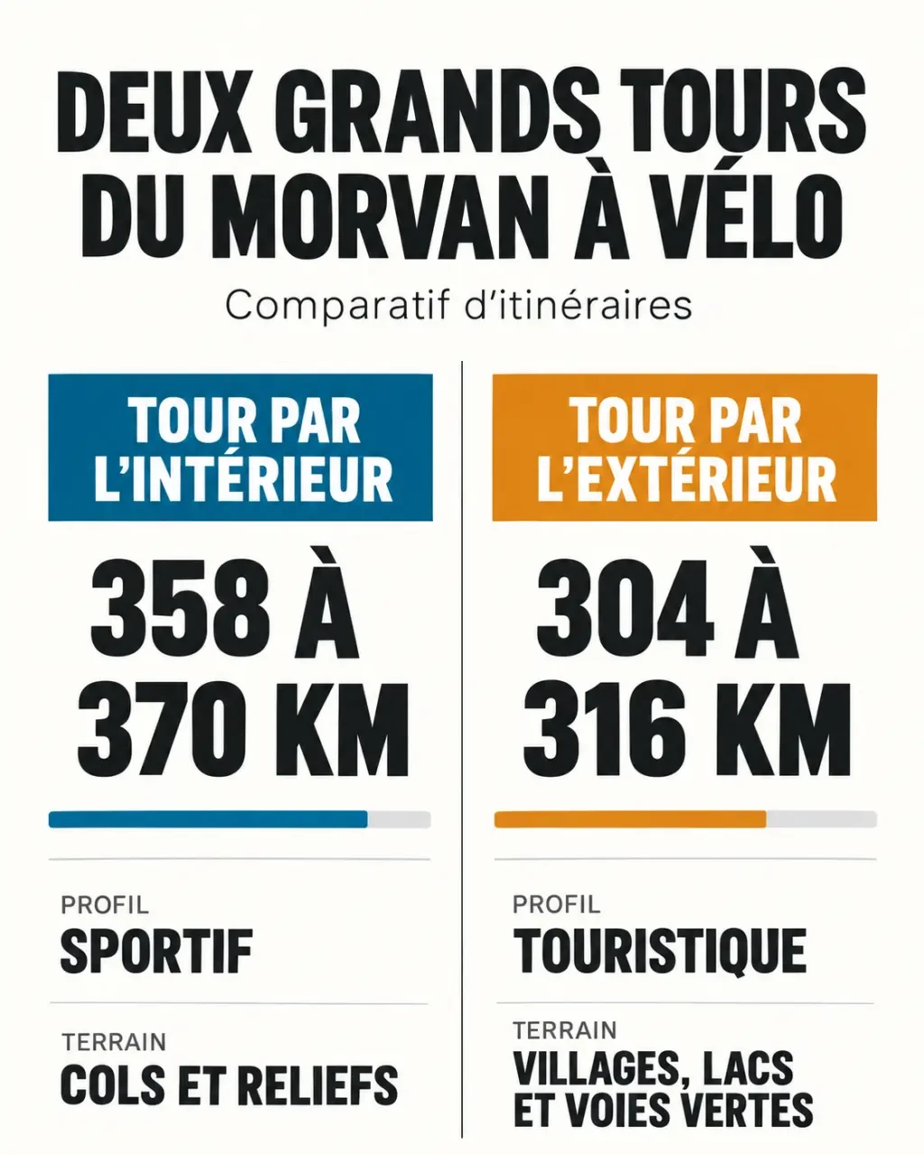 Infographie comparative du tour du Morvan vélo par l’intérieur et par l’extérieur