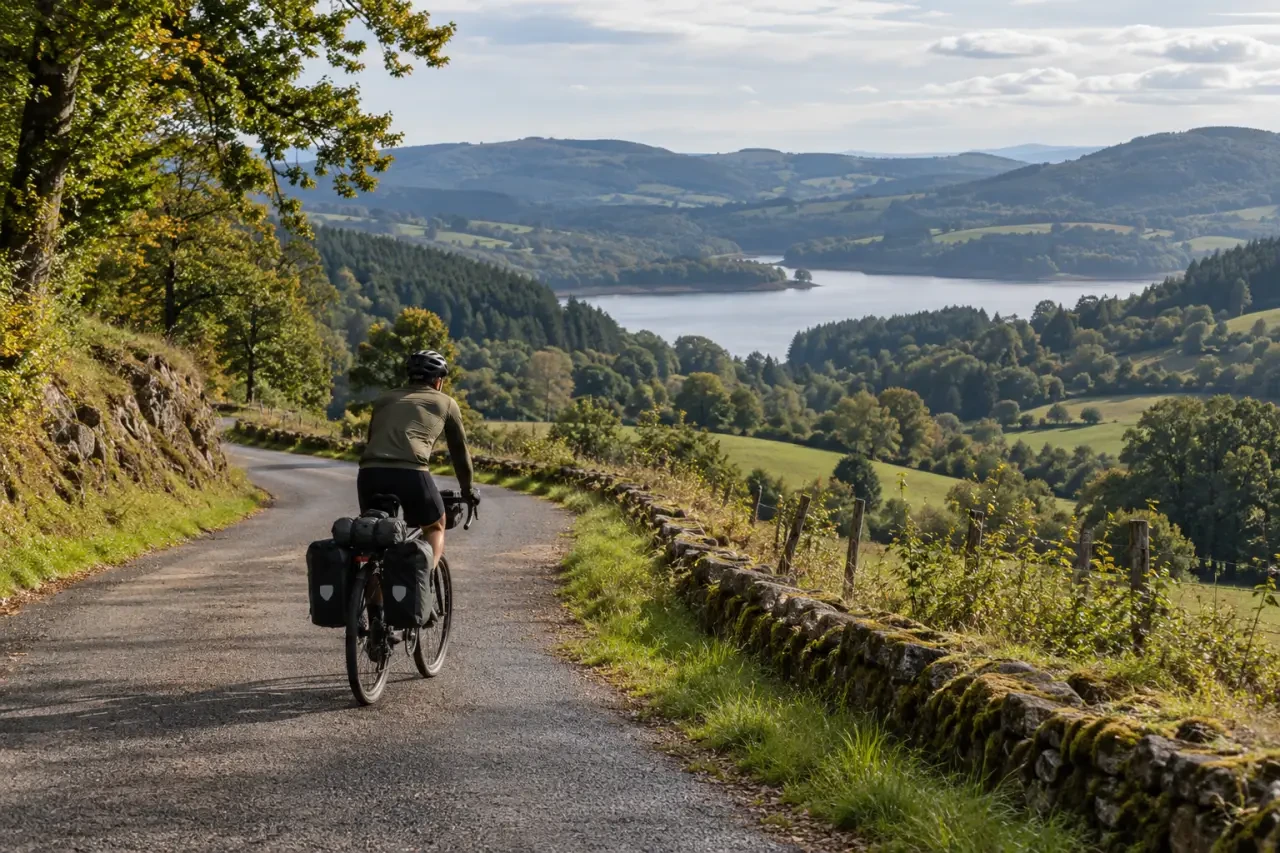 Tour du Morvan vélo sur une route vallonnée entre forêts et paysages ruraux