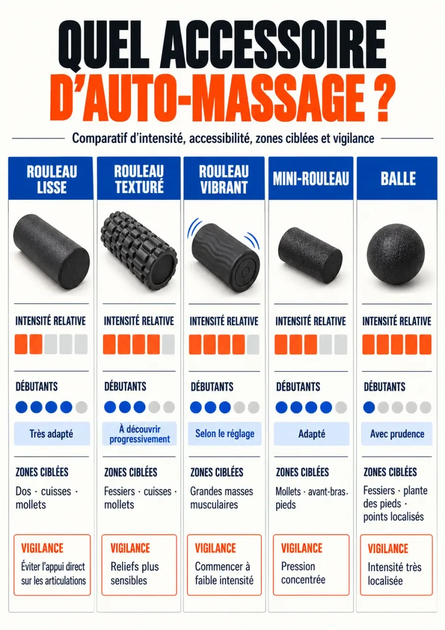 Rouleau de massage : comparaison des modèles lisse, texturé, vibrant, mini-rouleau et balle