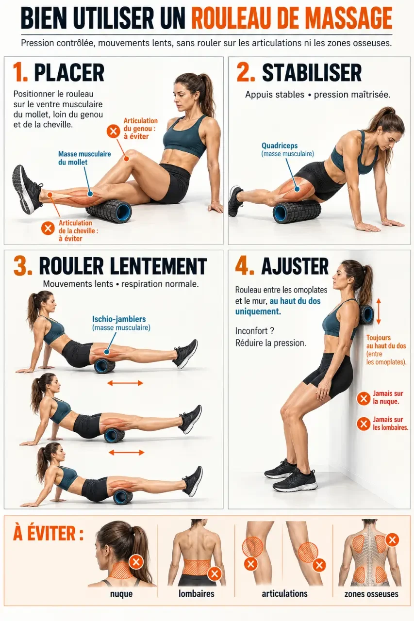 Rouleau de massage : étapes et postures pour masser les mollets, quadriceps, ischio-jambiers et haut du dos
