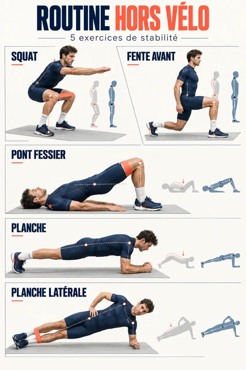 Optimiser sa condition physique de cycliste avec des exercices complémentaires : squat, fente, pont fessier et gainage