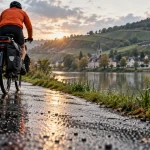 Voyage à vélo Champagne : cycliste sur le chemin de halage de la Marne près des vignes