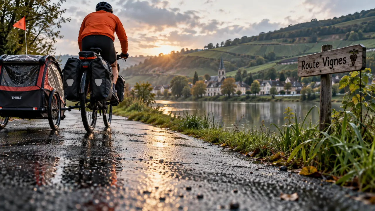 Voyage à vélo Champagne : cycliste sur le chemin de halage de la Marne près des vignes